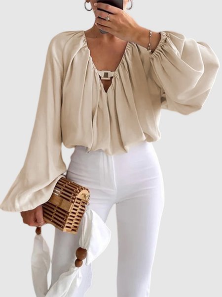 

Plain V Neck Long Sleeve Elegant Top, As picture, Tops