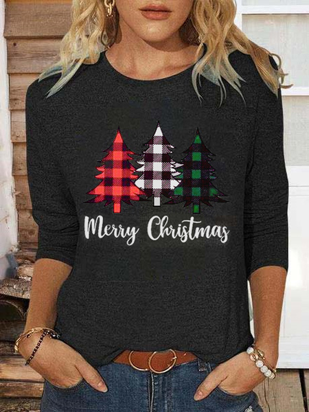 

Women Christmas Casual Grid Long Sleeve Crew Neck T-Shirt, Deep gray, T-Shirts