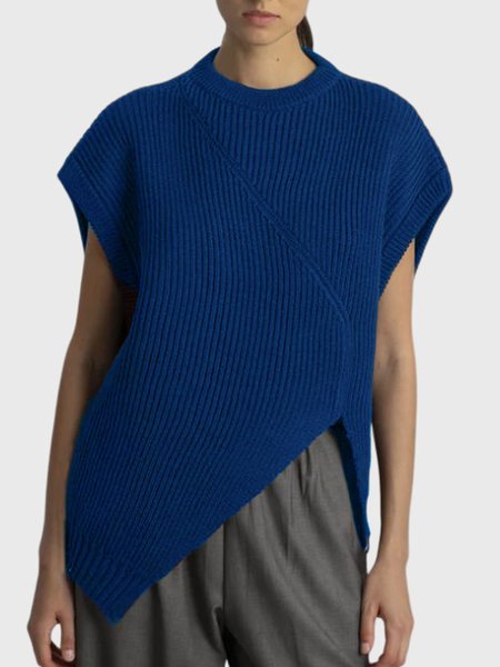 

Casual Plain Sleeveless Crew Neck Sweater, Dark blue, Pullovers