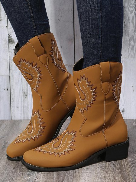 

Retro Embroidered Ethnic Style Chunky Heel Casual Cowboy Boots, Khaki, Boots