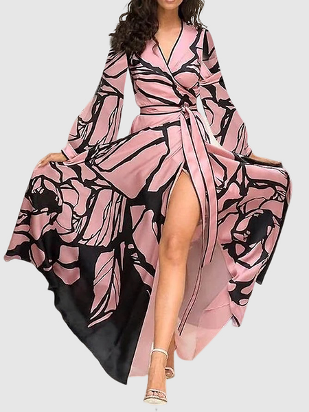 

Printing Satin X-Line Regular Fit Long sleeve V Neck Daily Long Dresses, Pink, Dresses