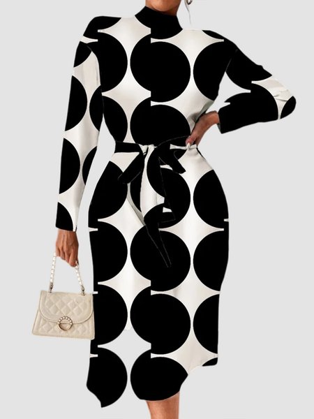 

Midi Long sleeve Elegant Regular Fit Polka Dots Dress, Black, Dresses