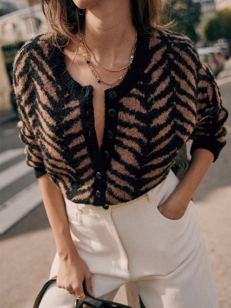 

Daily Long sleeve Regular Fit Zebra Urban Sweater Coat, Coffee, Cardigans