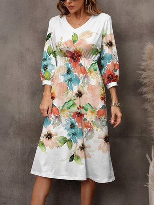 

Cotton-Blend Floral V Neck Dresses, White, Dresses