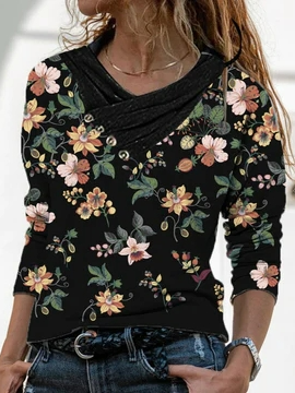 

Floral Crew Neck Casual Tops, Black, Tops