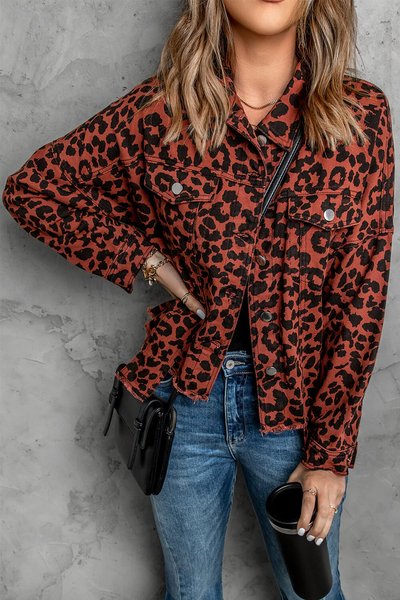 

JFN Leopard Print Flap Pocket Button Front Jacket Woolen Jacket, Reddish black, Outerwear
