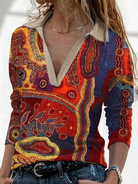 

Color Block Cotton-Blend Shawl Collar Tops, Multicolor, Tops