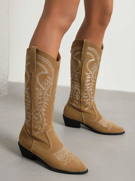 

Embroidered Panel Plush Warm Pointed-Toe Cowboy Boots, Brown, Boots