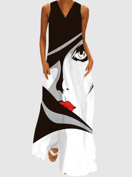 

Loose Simple V Neck Sleeveless Maxi Dress, Black-white, Dresses
