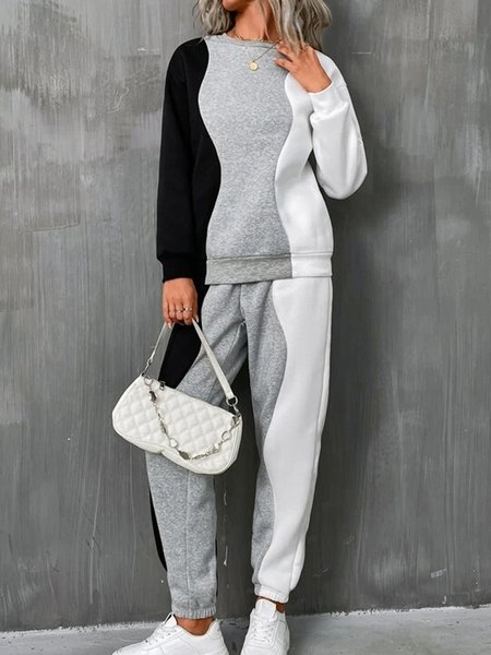 

Basic color contrast style Pullover Hoodie sweatpants set, Multicolor, Suit Set