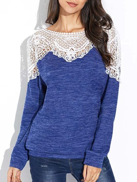

Lace Crew Neck Casual T-Shirt, Blue, T-Shirts