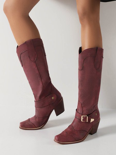 

Vintage Print Buckle Insulated Pointed-Toe Chunky Heel Cowboy Boots, Red, Boots