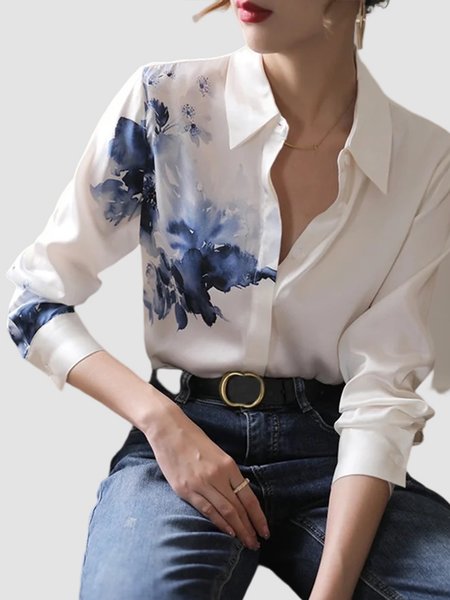 

Elegant Floral Printed Long Sleeve Blouse, White, Blouses and Shirts