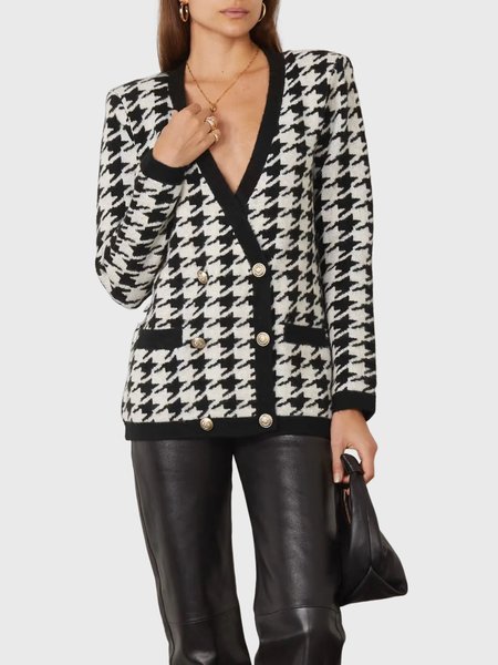 

Houndstooth Loose Urban Long Sleeve Sweater Coat, Black-white, Cardigans
