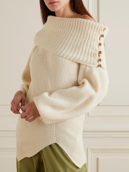 

Long sleeve Regular Fit Simple Cold Shoulder Sweater, Beige, Pullovers