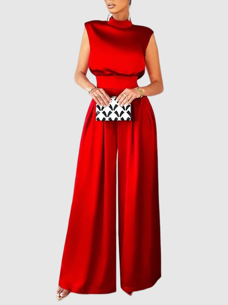 

Regular Fit Elegant Solid Sleeveless Jumpsuit, Red, Pants