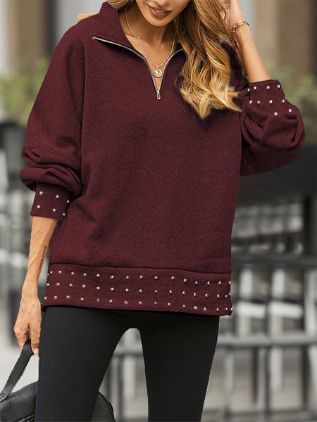

V Neck Casual Zipper Beaded Sweatshirts, Red, Sweatshirts & Hoodies