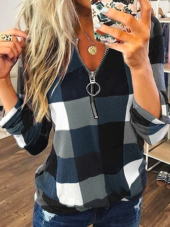 

Loose V Neck Color Block Plaid Sweatshirts, Blue, Sweatshirts & Hoodies