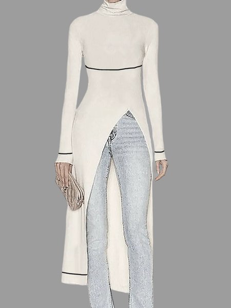 

Tight Simple Long Sleeve Turtleneck Top, White, Tees