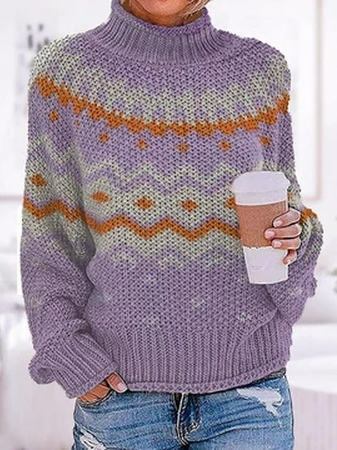 

Geometric Half Turtleneck Casual Sweater, Purple, Sweaters