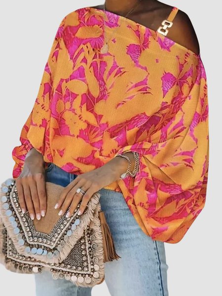 

Orange Daily Floral Elegant Lantern Sleeve Loose Top, Blouses and Shirts