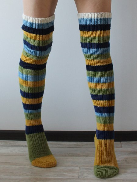 

Casual Home Contrast Stripe Long Tube Over Knee Knit Pile Socks Women, Yellow, Socks