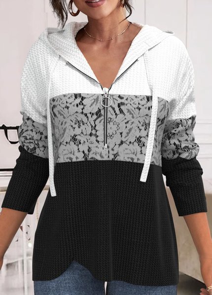 

Lace Panel Loose Hooded Long Sleeve Sweatshirt, Multicolor, Hoodies & Sweatshirts