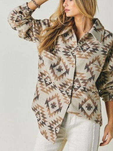 

JFN Long Sleeve Boho Pocket Drop Shoulder Loose Print Geometric Jacket, Khaki, Jackets