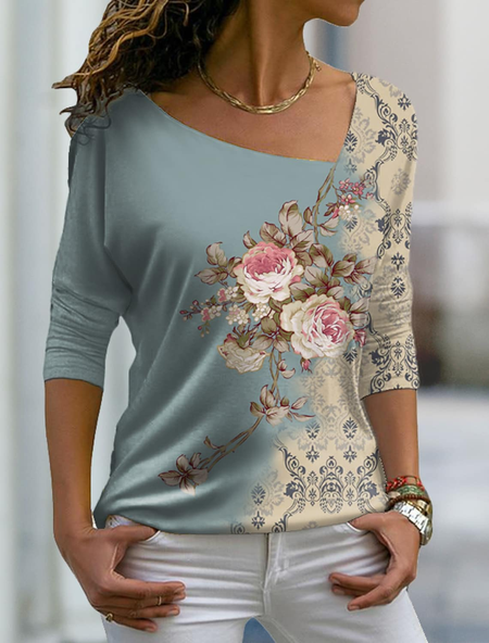 

Casual Floral Asymmetrical Ethnic Regular Fit Tops, Multicolor, T-Shirts