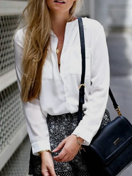 

Plain pocket f loose shirt plus size, White, Shirts & Blouses