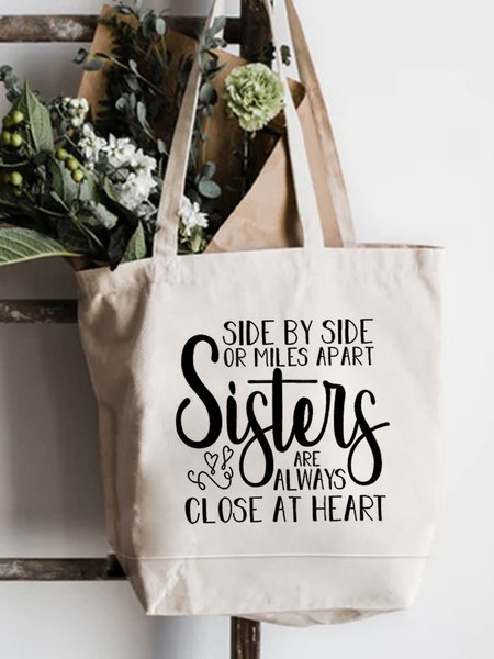 

Side By Side Or Miles Apart Sisters Are Always CLose At Heart Family Text Letter Shopping Tote, White, Bags