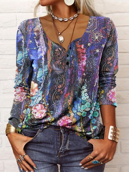 

Floral Crew Neck Loose Top, Purple, Tops