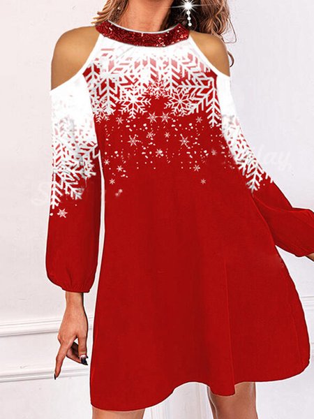 

Lantern Sleeve Casual Christmas Crew Neck Dresses, Red, Mini Dresses