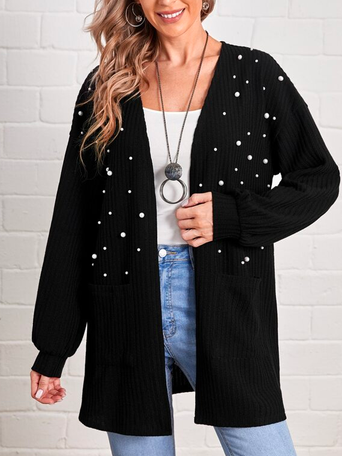 

Casual Plain Cross Neck Beaded Sweater Coat, Black, Cardigans