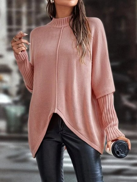

Mock Collar Doll Sleeve Asymmetric Hem Loose Sweater, Pink, Sweaters