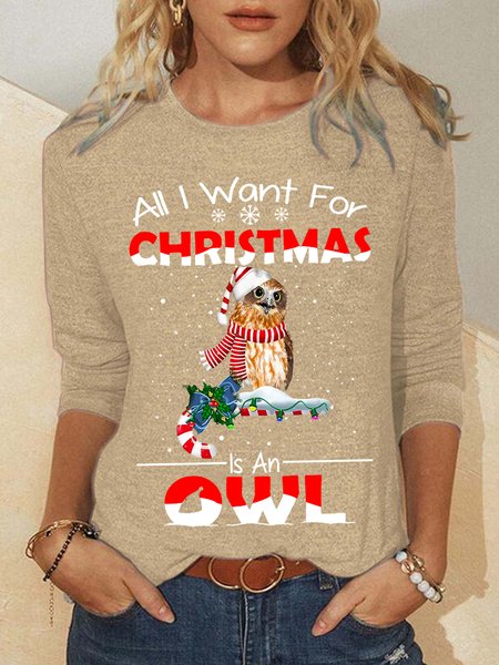

Women Funny All I Want For Christmas Is An Owl Christmas Gifts For Owl Lovers Long Sleeve Tops, Khaki, Long sleeves