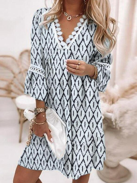 

Geometric Lace V Neck Urban Dress, White, Dresses