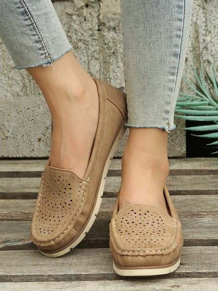 Simple Casual Hollow Breathable Loafers, Brown, Flats