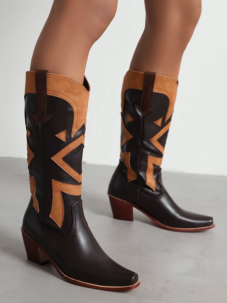 

Colorblock Square Toe Block Heel Western Cowboy Boots, Brown, Boots