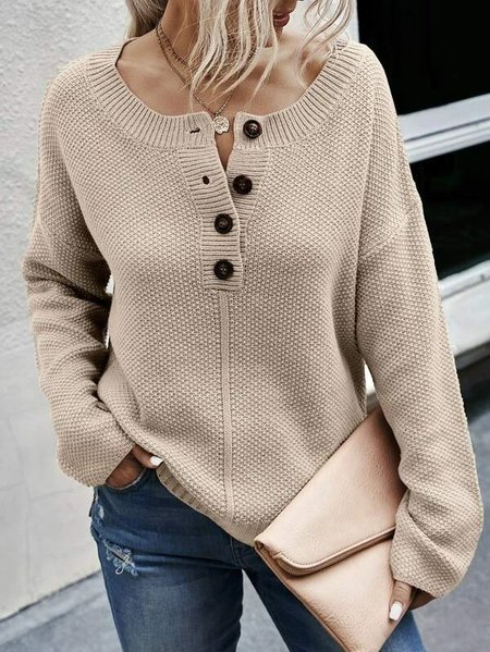 

Button Plain Loose Thermal Sweater, Khaki, Sweaters & Cardigans