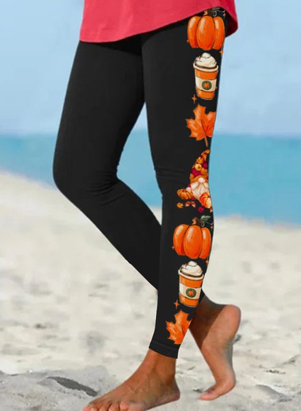 

Women's Halloween Gnome Pumpkin Maple Leaf Simple Legging, Black, Leggings