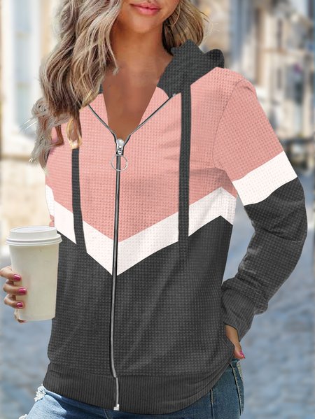 

Color Block Hoodie Geometric Casual Jacket, Pink, Outerwear