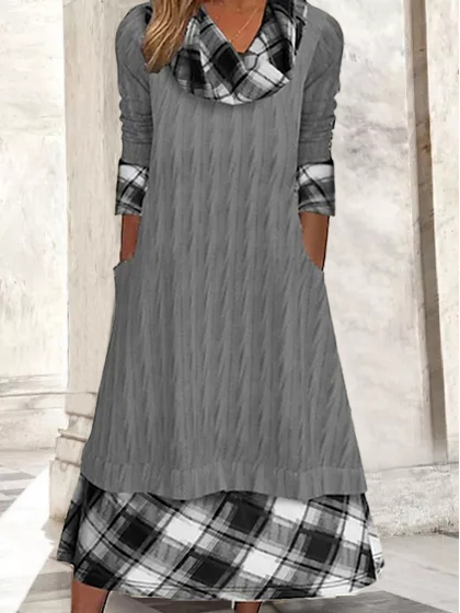 

Casual Crew Neck Plaid Long Dresses, Gray, Dresses