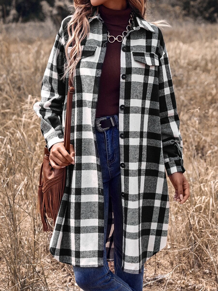 

Plaid Casual Loose Overcoat, Black, Outerwear