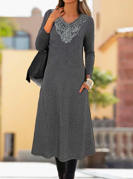 

Plain Cotton-Blend Casual Dress, Gray, Dresses