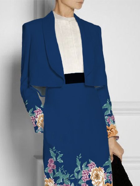 

Lapel Collar Floral Urban Long Sleeve Blazer, Blue, Blazers