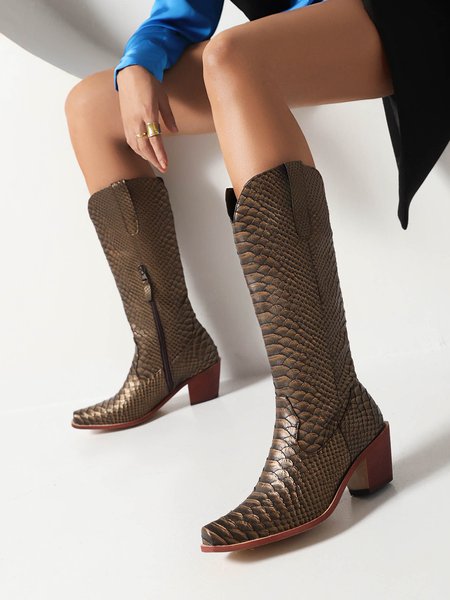 

Snake Print Zip Block Heel High Top Straight Boots, Golden, Boots