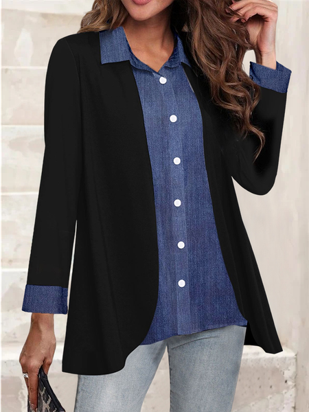 

Casual Faux Two Piece Long Sleeve Black Blouse, Multicolor, Blouses & Shirts
