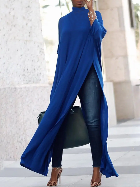 

Stand Collar Loose Three Quarter Urban Top, Blue, Blouses and Shirts