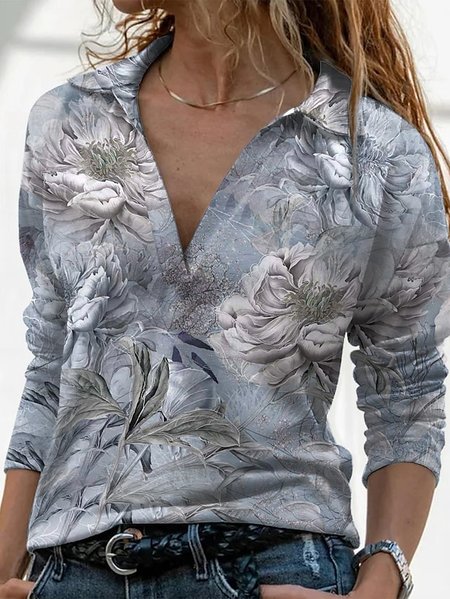 

Shirt Collar Loose Floral Tops, Gray, Tops